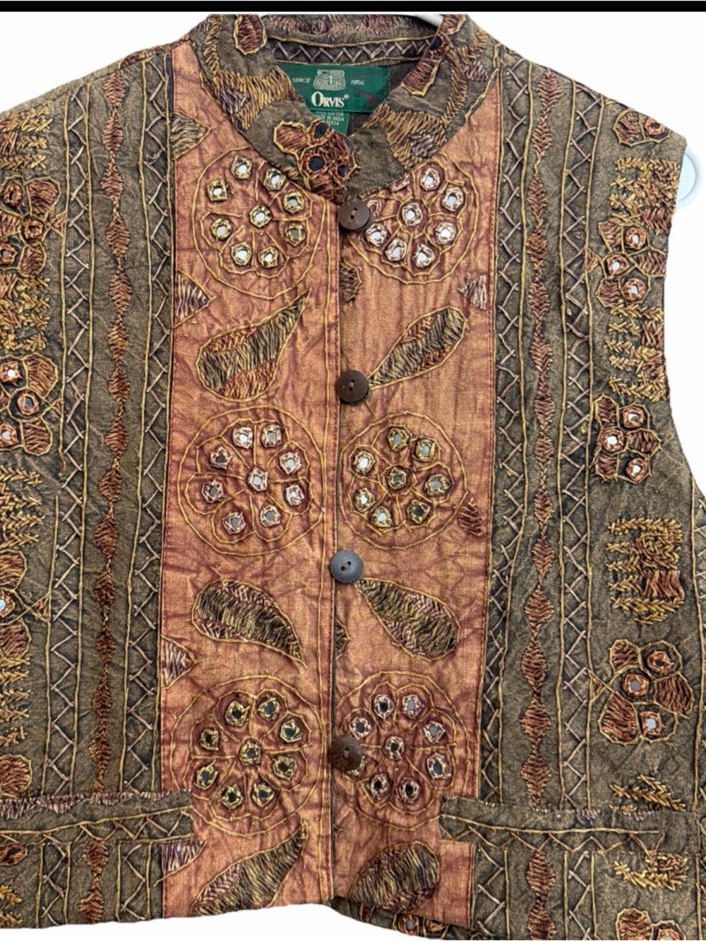 Orvis Vintage Tapestry Embroidered Vest Boho Mandarin Collar Earth Tone M